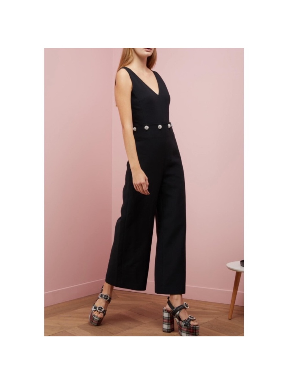 Tory Burch Black Sleeveless V-Neck Wide-Leg Jumpsuit with Pearl Buttons